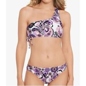 SALT + COVE Women's Printed One-Shoulder Side-Shirred Bikini Top M